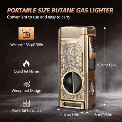 4 Jet Flame Cigar Lighter – Refillable Butane Lighter with V-Cut Cutter, Punch, Holder & Draw Enhancer