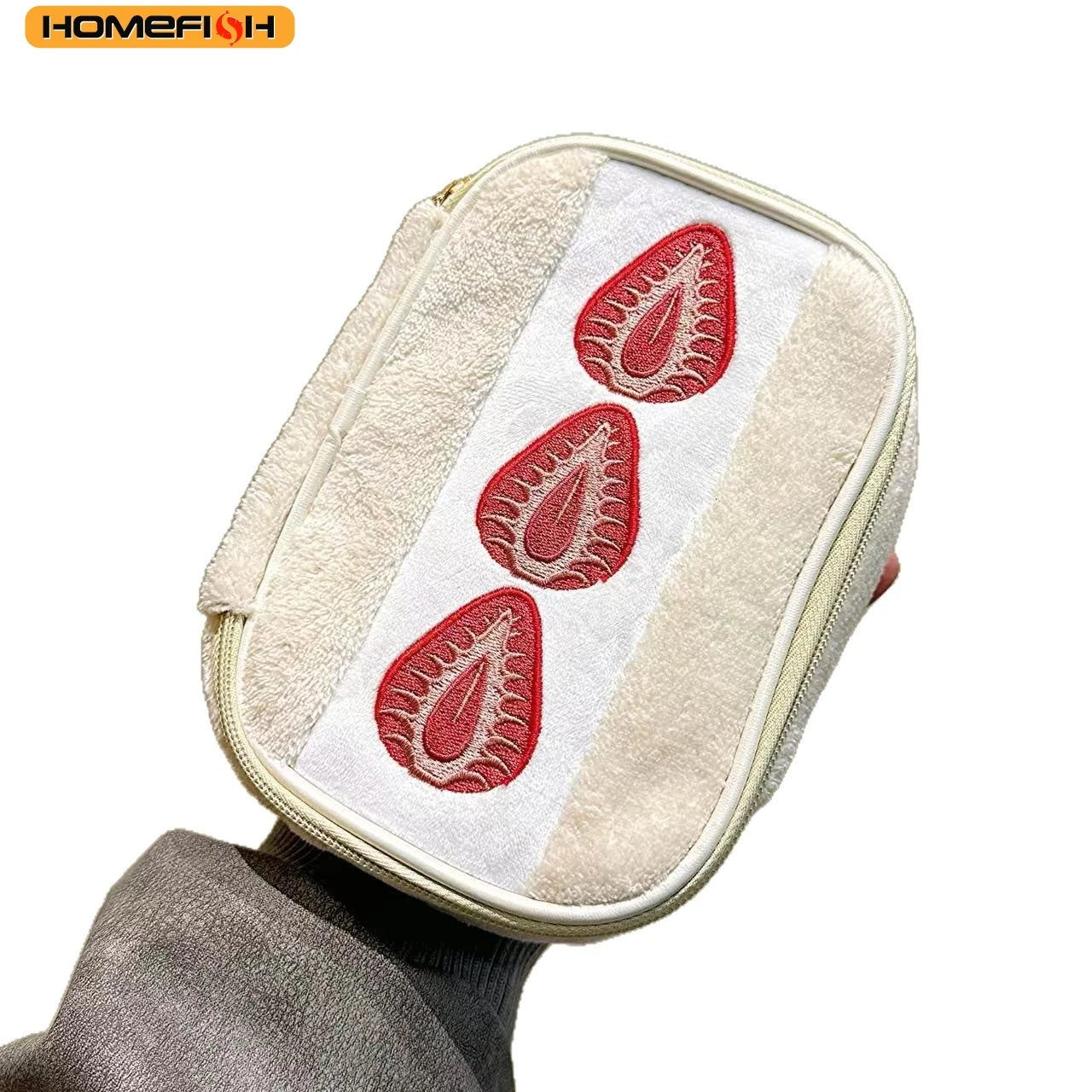 HOMEFISH Strawberry Plush Makeup Bag - Cute Embroidered Multi-Function Cosmetic Storage Pouch for Women