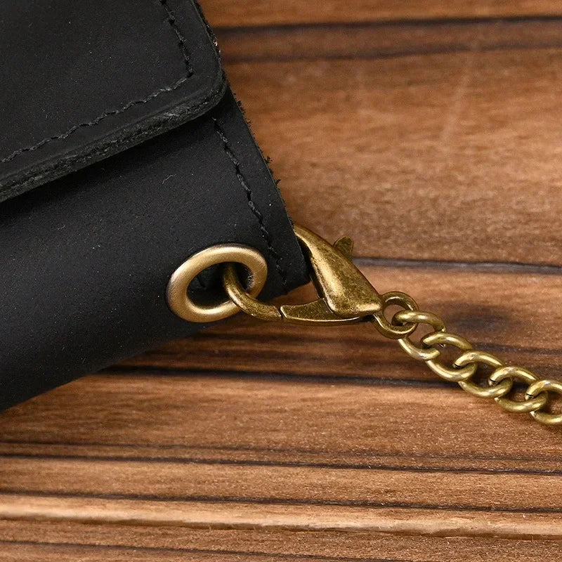 Men’s Genuine Leather Short Wallet with Chain – Trifold Zipper Clutch, Card Holder & Coin Purse