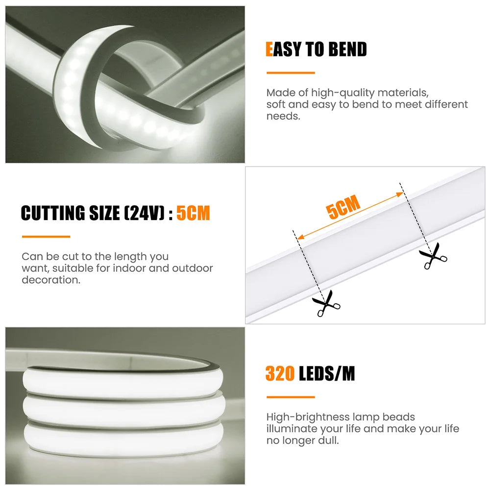 Solar COB LED Strip Light - 320 LEDs/m, DC 24V, Flexible, Waterproof, Warm Natural White - Available in 0.5m, 1m, 2m, 5m for Garden Decoration