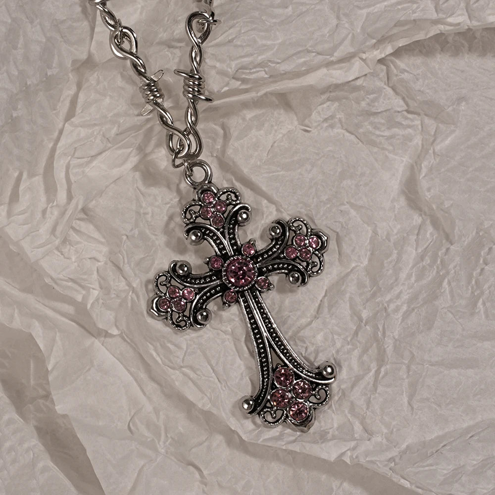 Y2K Cross Love Pendant Necklace - Sweet Cool Girl Personalized Jewelry for Everyday Wear