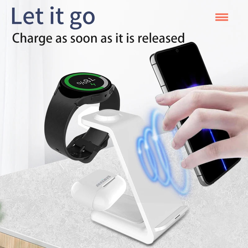 3 in 1 Wireless Charger Stand - Fast Charging Dock for Samsung Phones, Galaxy Watch 7/8/9, and AirPods Pro