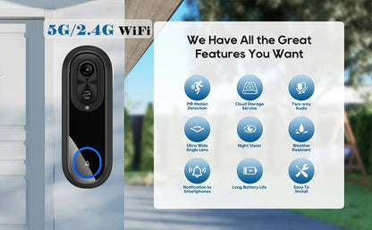 5G/2.4G WiFi 1080P Wireless Video Doorbell — Tuya App Smart Intercom, IP65 Waterproof, 7000mAh Battery