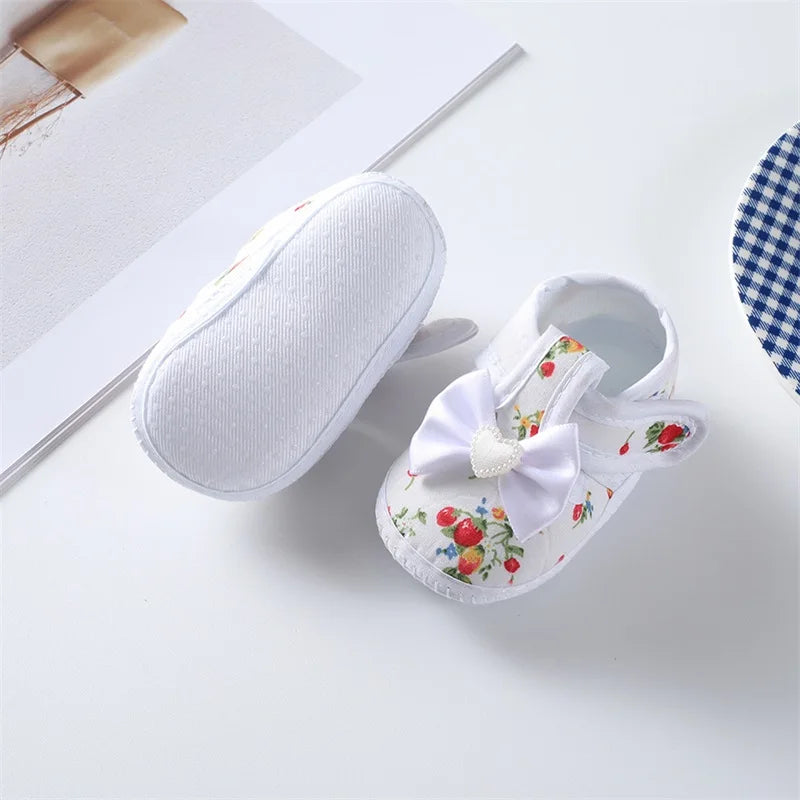 0-18 Months Baby Girls Soft Sole Shoes – Bowknot Flower Print, Non-Slip First Walkers for Indoor & Outdoor
