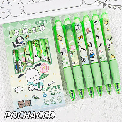 6PCS Sanrio Erasable Gel Pens – Pochacco, Kuromi, Cinnamoroll & Hello Kitty Neutral Ballpoint Pens for Students & Office