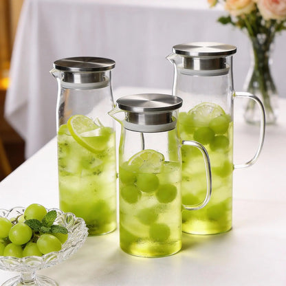 Borosilicate Glass Water Pitcher - 1L/1.5L Straight Juice Jug with Stainless Steel Lid for Coffee & Drinks