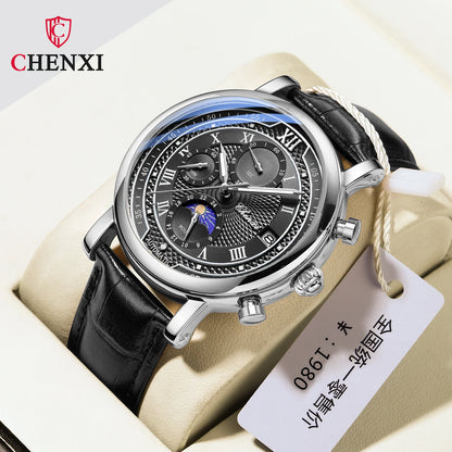 Chenxi 976 Men’s Leather Chronograph Watch – Phase of the Moon, Luminous Quartz Date Timepiece, Business Reloj para Hombres