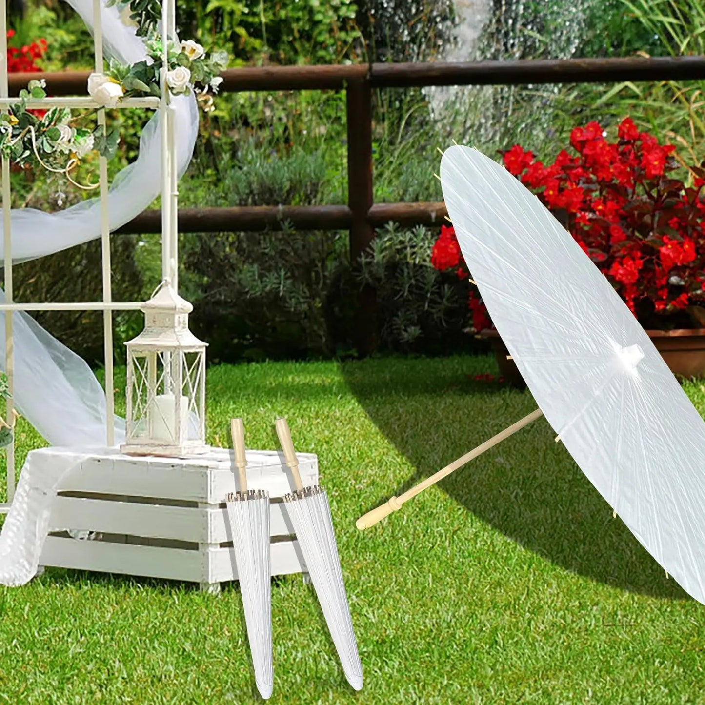 60/84cm White Wedding Paper Umbrellas – Chinese Wooden Handle, DIY Rustic Photography Props for Baby Shower, Party & Wedding