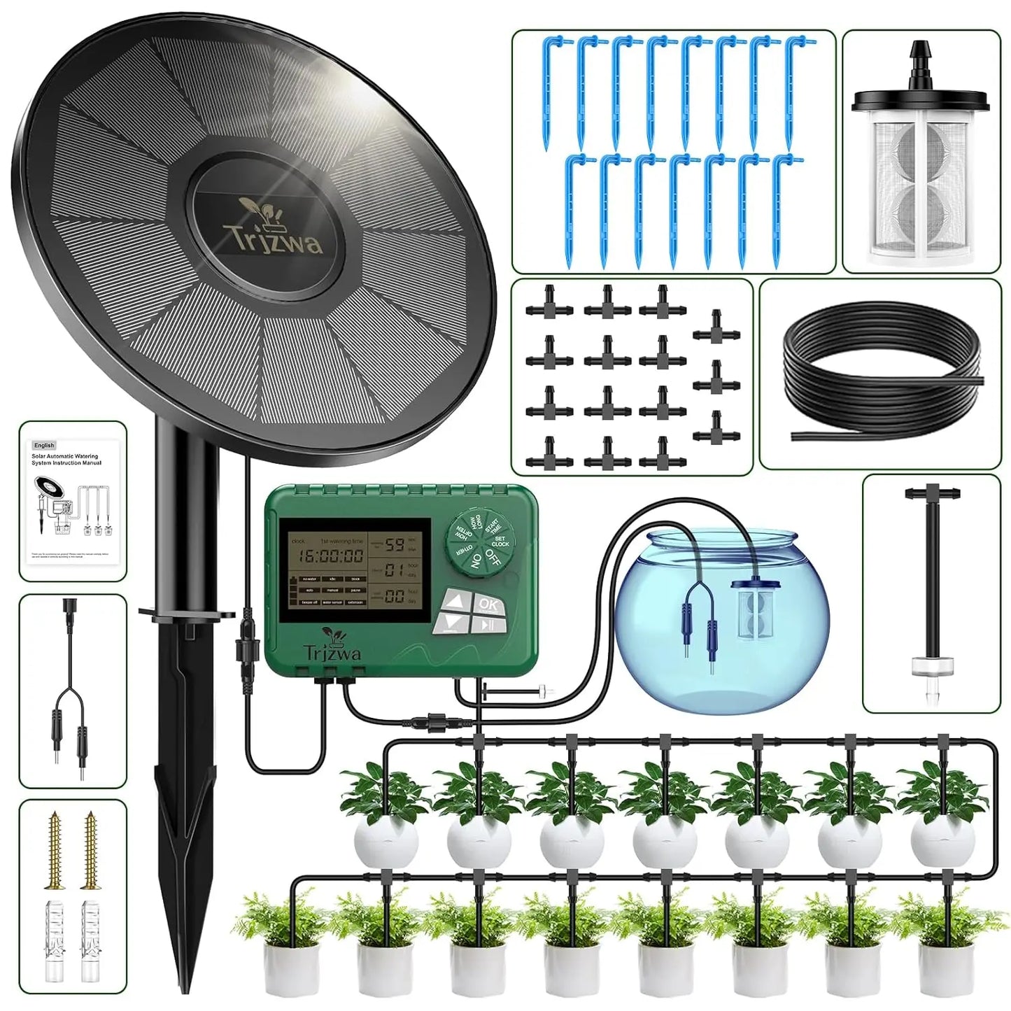 Solar Drip Irrigation Kit with Timer – 15M Hose Automatic Watering System for Greenhouse & Potted Plants