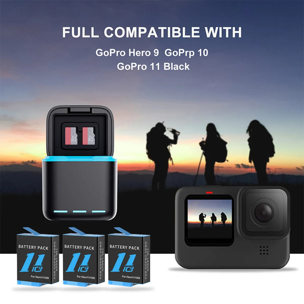 3 Channel Fast Battery Charger with Type C Cable - Charging Station for GoPro Hero 12/11/10/9 Camera Accessories