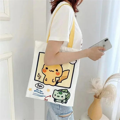 Anime Pokémon Canvas Shoulder Bag – Pikachu, Psyduck, Squirtle Casual Handbag for Women, Reusable Large Shopping Tote
