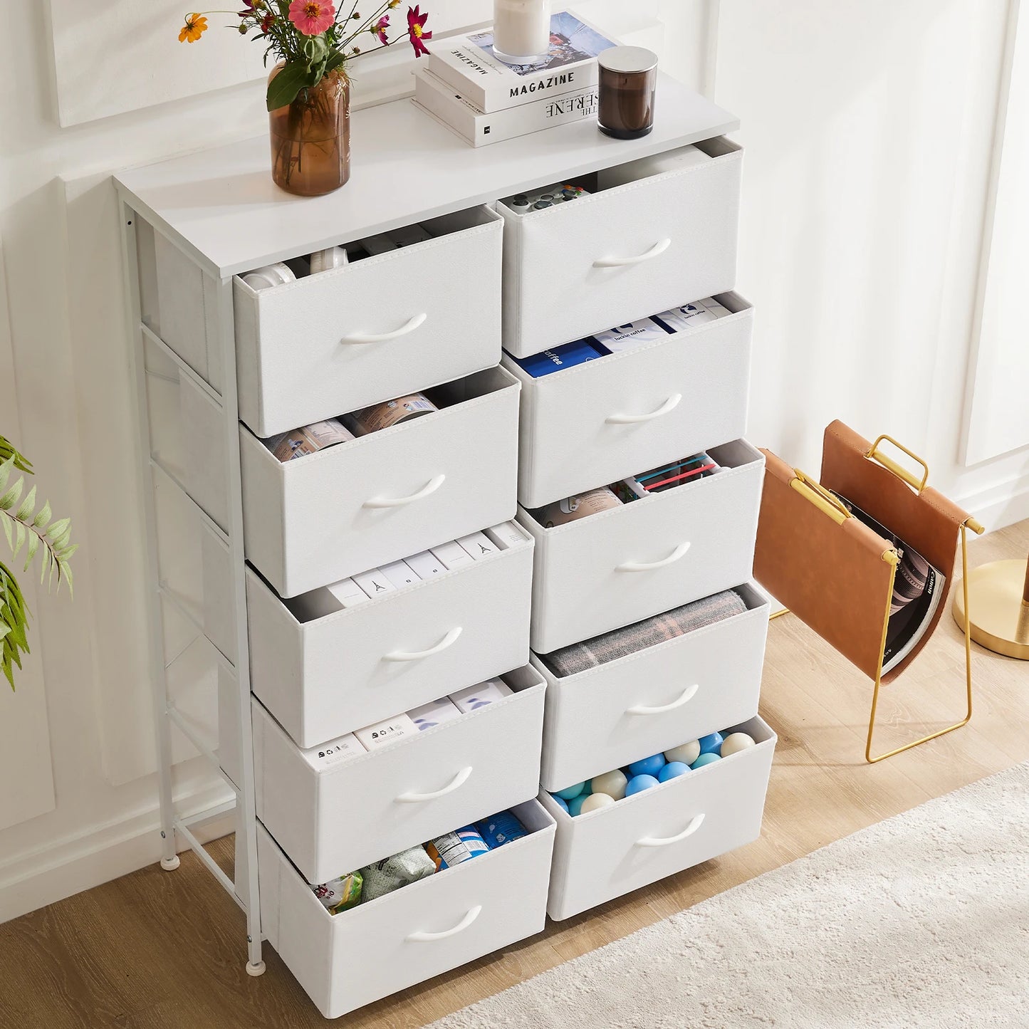 White Wardrobe Closet with 5/7/10 Fabric Drawers – Bedroom Storage Chest Cabinet Furniture