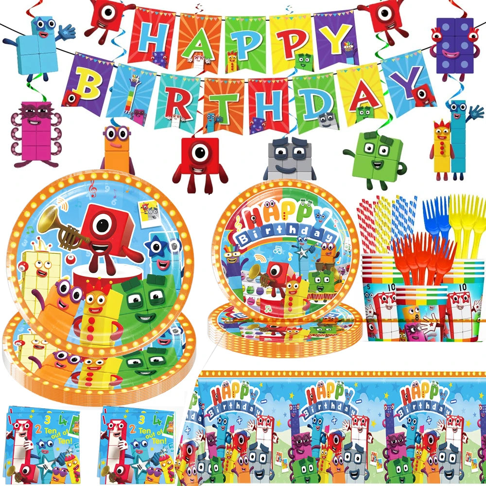 Number Birthday Building Blocks Party Decorations Set – Tablecloth, Banner, Balloons & Cake Topper for Kids & Baby Shower Supplies