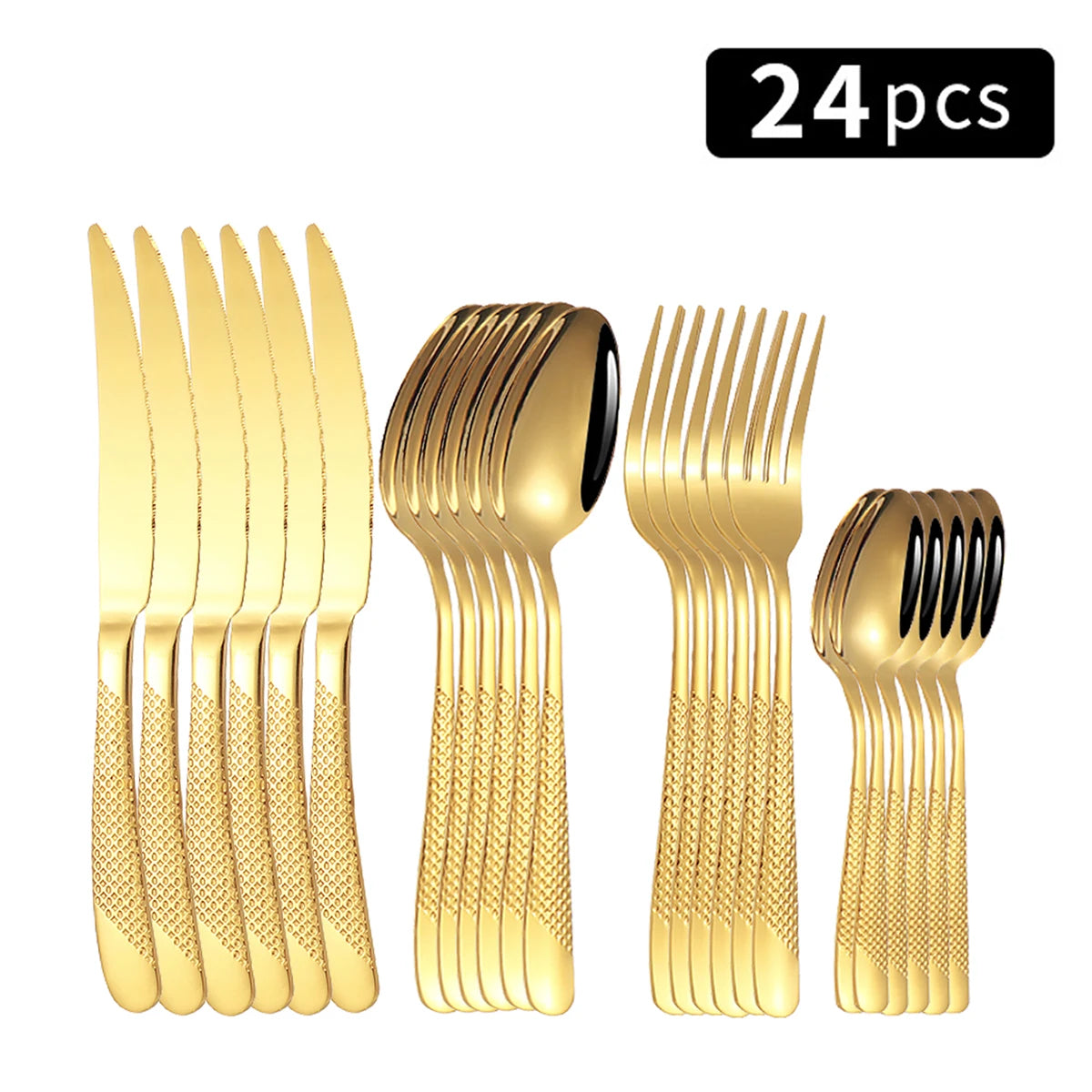 24-Piece Stainless Steel Tableware Set – Star Design Steak Knives, Forks, Dessert Forks, and Spoons for Family Use