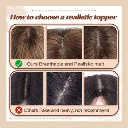 Ombre Brown Blonde Remy Human Hair Topper – 14 Inch Silk Base Clip-In Wig with Bangs for Women