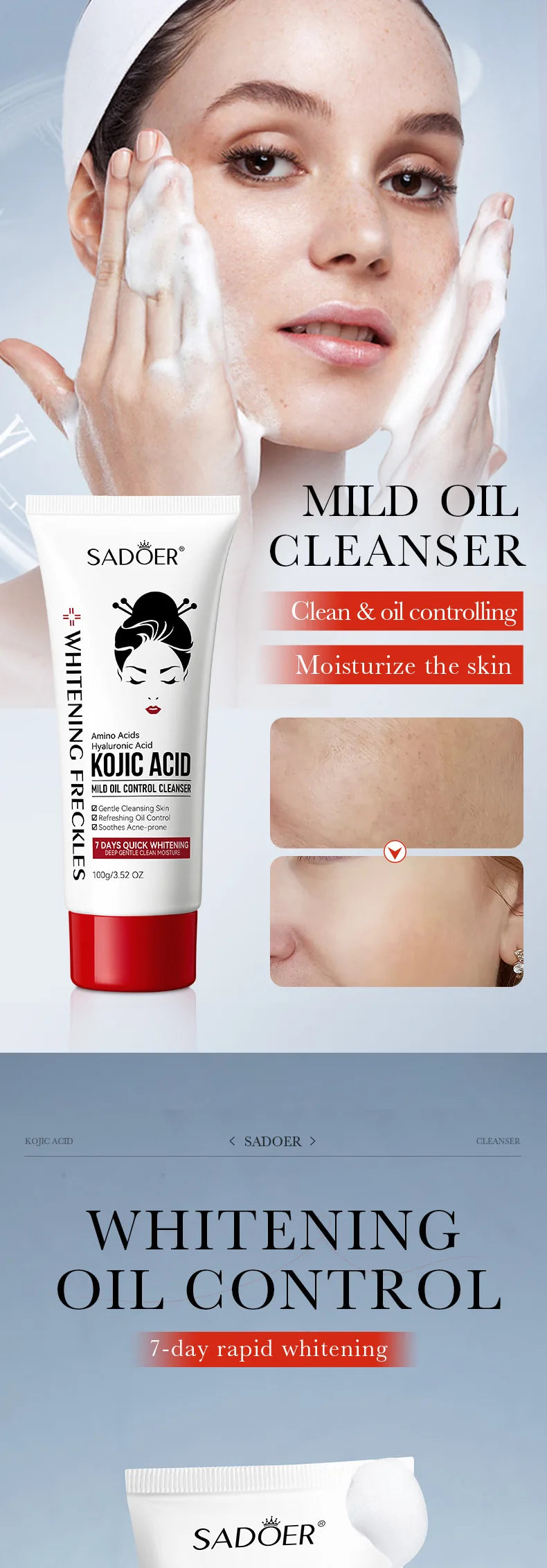 SADOER Kojic Acid Facial Cleanser – Moisturizing & Brightening Face Wash Foam for Skincare