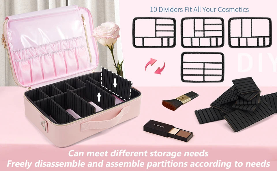 Professional Makeup Bag — Extra-Large Cosmetic Train Case with Brush Organizer, Storage Compartments & Dividers for Artists