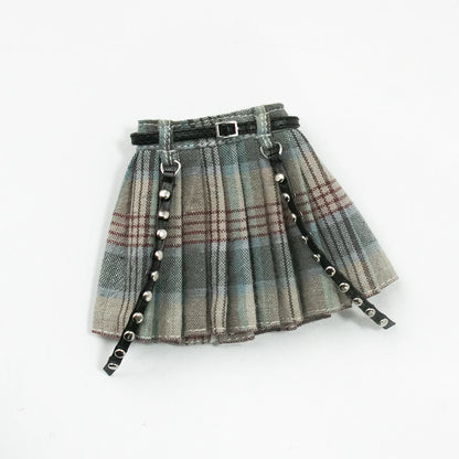 Blythe Doll Clothes Plaid Pleated Skirt & Off-Shoulder Top Tulle Dress Set — Ruffle Skirt for Licca, Azone, OB22, YMY Doll Accessories