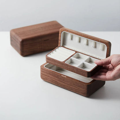 Double Layer Wooden Jewelry Box – Necklace, Bracelet & Earring Organizer in Black Walnut, Perfect Wedding Gift