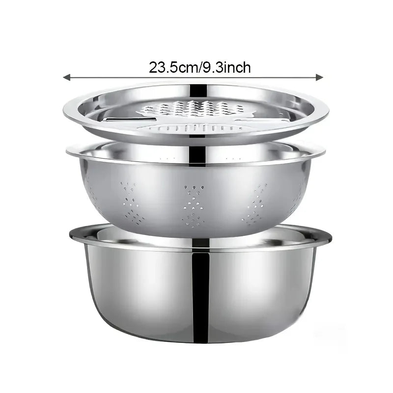 3-Piece Stainless Steel Kitchen Prep Set - Mixing Bowl & Multifunctional Vegetable Slicer for Fruits and Vegetables