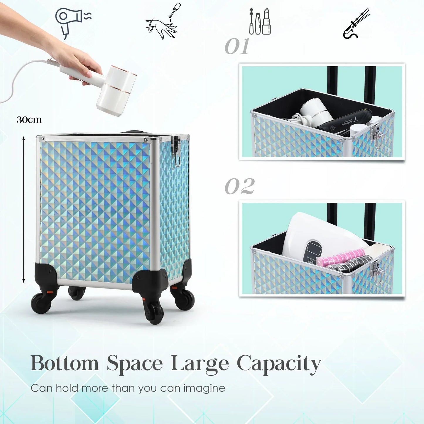 Makeup Trolley Case 4-in-1 — Detachable Alloy Train Briefcase with Wheels, Lockable Large Capacity Storage for Nail Manicure Salon