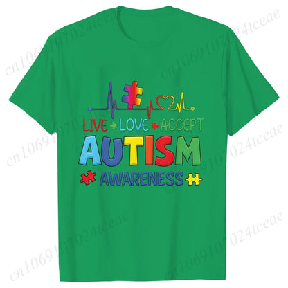 Women’s Live Love Accept Autism Awareness T-Shirt – Graphic Y2K Summer Top for Autism Awareness Month
