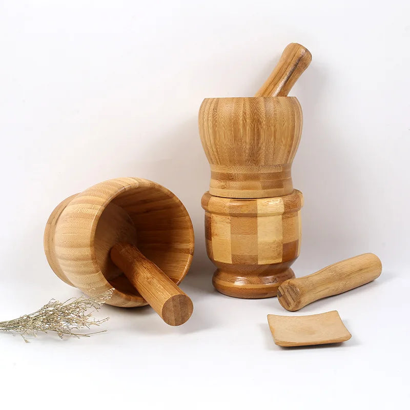 Traditional Bamboo Mortar & Pestle Set – Garlic, Herb & Spice Grinder for Kitchen Crushing and Mashing