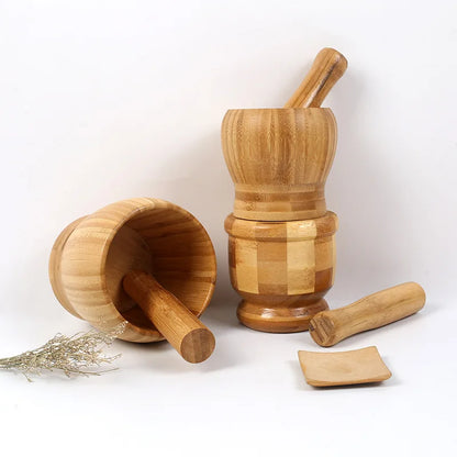Traditional Bamboo Mortar & Pestle Set – Garlic, Herb & Spice Grinder for Kitchen Crushing and Mashing