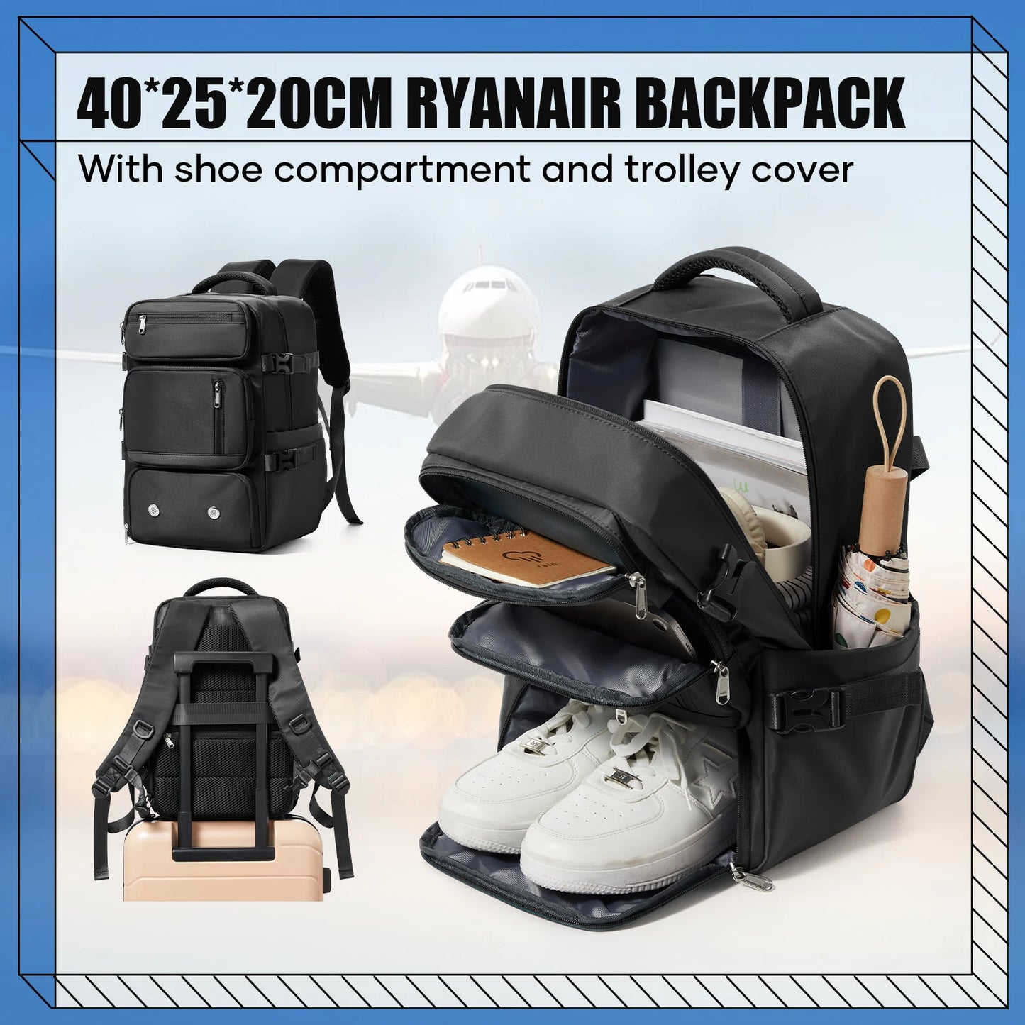 Travel Backpack 40x20x25cm – Airplane Cabin Bag, Anti-Theft Laptop Bag for Men & Women Sports & Trekking