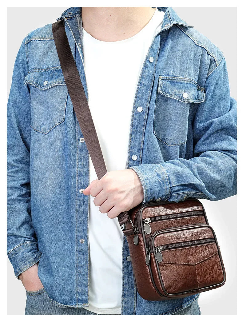 Men’s Genuine Leather Crossbody Bag – Small Outdoor Casual Bag for Motorcycle and Daily Use