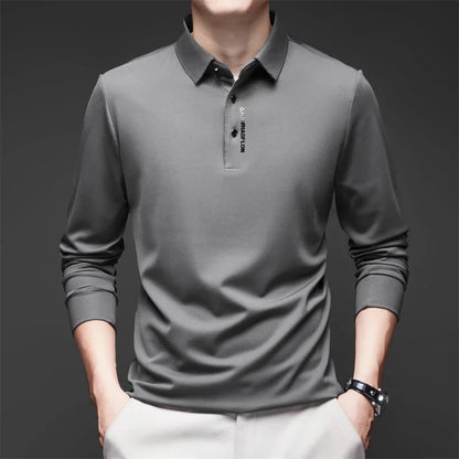 Men's Business Casual Polo Shirt - Long Sleeve Solid Color Top with Badge Detail