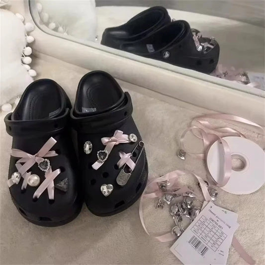 Pink Cute Shoe Charms with Ribbon Bow – Designer Clog Accessories for Girls & Women