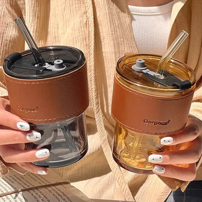 400ml Double Drinking Mouth Water Bottle – Transparent Glass Coffee Mug with Straw & Lid, Creative Beer & Beverage Cup