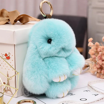 Fluffy Rabbit Fur Pompon Keychain – Cute Bunny Bag and Car Key Ring for Women and Girls
