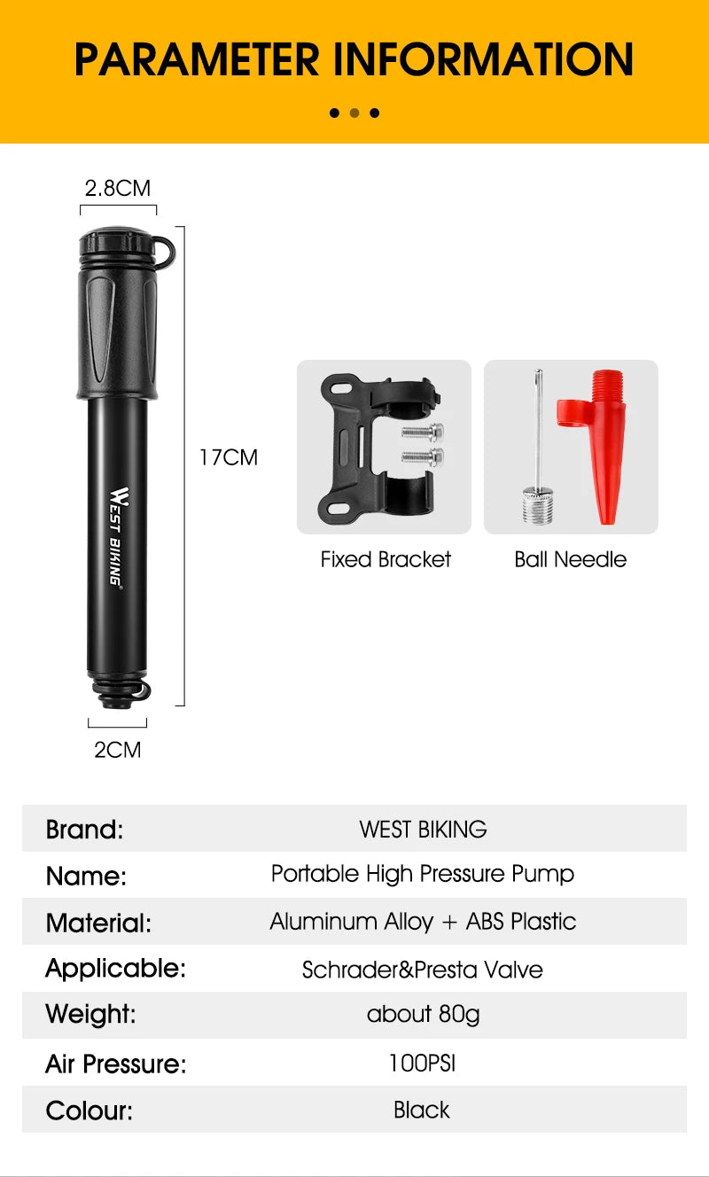 WEST BIKING 130PSI Mini Bike Pump – Portable Aluminum Alloy Hand Air Pump for MTB & Road Cycling, Drop-Proof & Ultralight