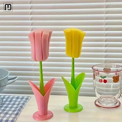Tulip Cup Brush with Detachable Sponge Head – Long Handle Bottle & Glass Cleaning Brush Durable Kitchen Cleaning Tool