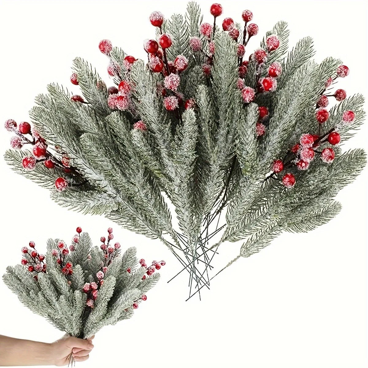 Snow White Artificial Pine Needle & Berry Bouquet – Christmas Decoration for Tree, Garland, Home Decor & DIY New Year Gift
