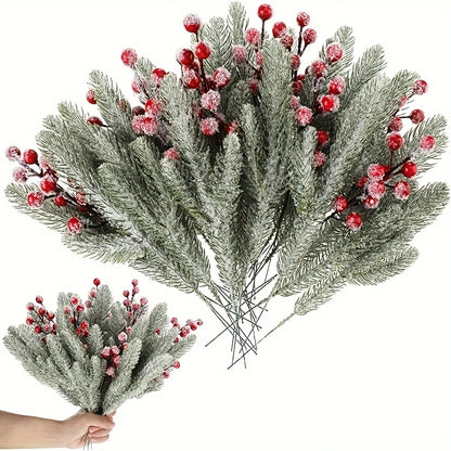 Snow White Artificial Pine Needle & Berry Bouquet – Christmas Decoration for Tree, Garland, Home Decor & DIY New Year Gift