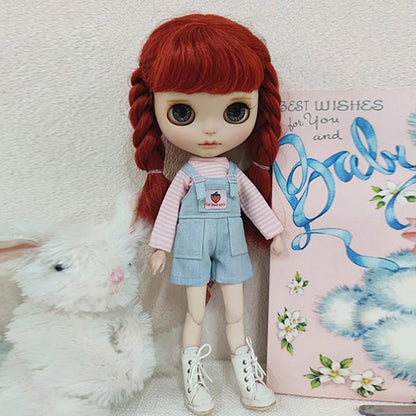 Casual Blythe Doll Clothes – Romper, Plaid Pants & Long Sleeve Top for Licca, Azone, OB24/OB27 Dolls