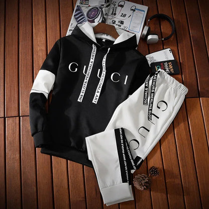 Men's Fashion Tracksuit Set – Hoodie & Sweatpants with Trendy Print | Casual Black & White Jogger Outfit