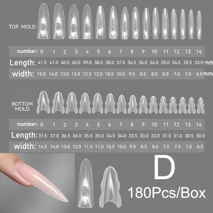 180pcs Sandwich Dual Nail Forms – 15 Sizes Coffin & Almond Nail Extension Molds for Manicure, Top & Bottom Forms