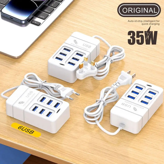 35W Multiport USB Charger with PD Type C - 6 Ports Quick Charge Wall Adapter, Fast Charging Hub with EU/US Plug for Mobile Phones