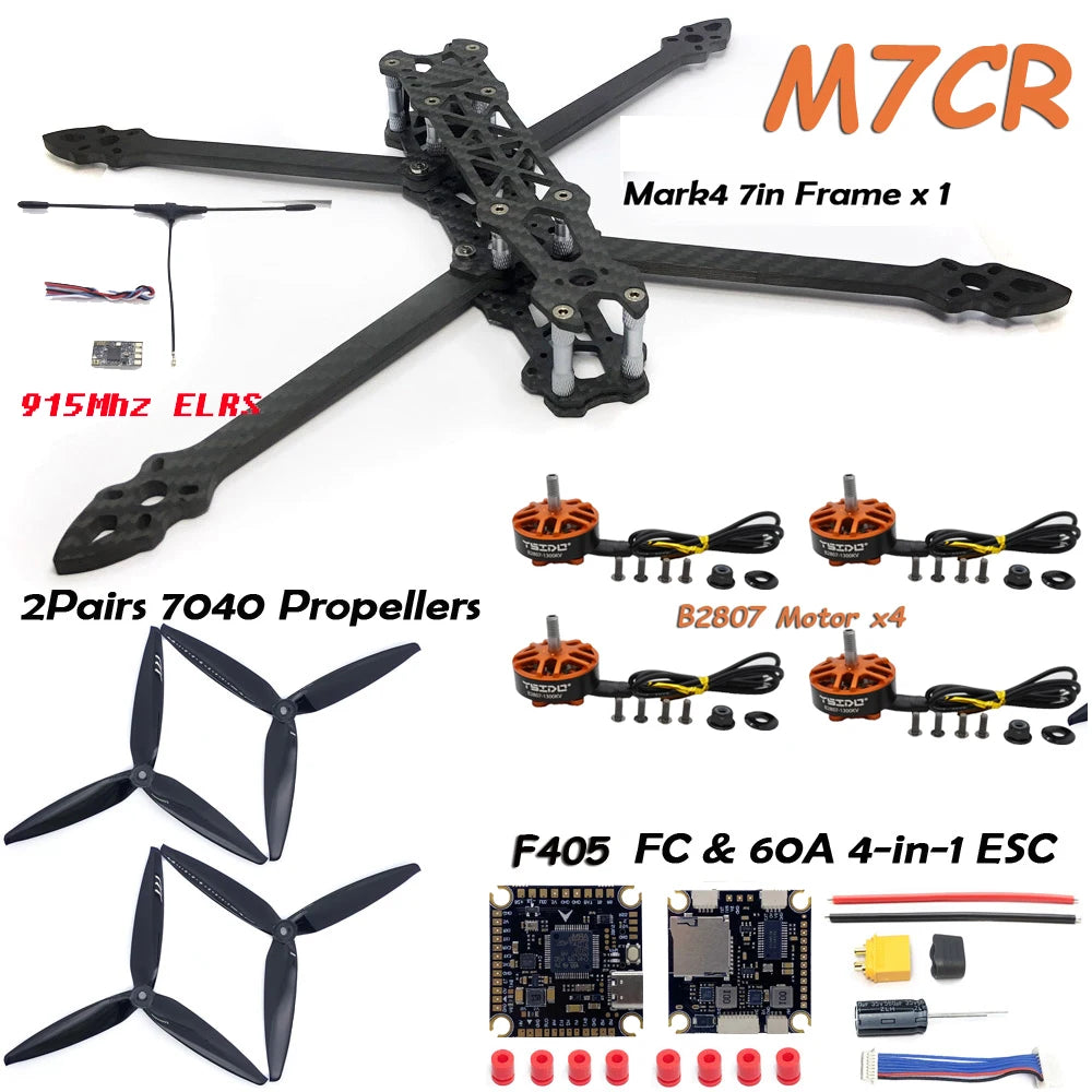 MARK4 7" Carbon Fiber FPV Drone Kit — B2807 Brushless Motors, F405 FC, 60A ESC, 7040 Props & 2.5W VTX Camera (DIY)