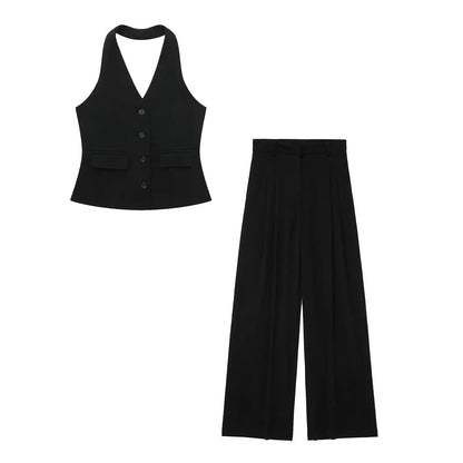 TRAFZA Women’s 2-Piece Set — Sleeveless Halter Vest Top with High-Waist Wide Leg Pants & Zipper Pockets