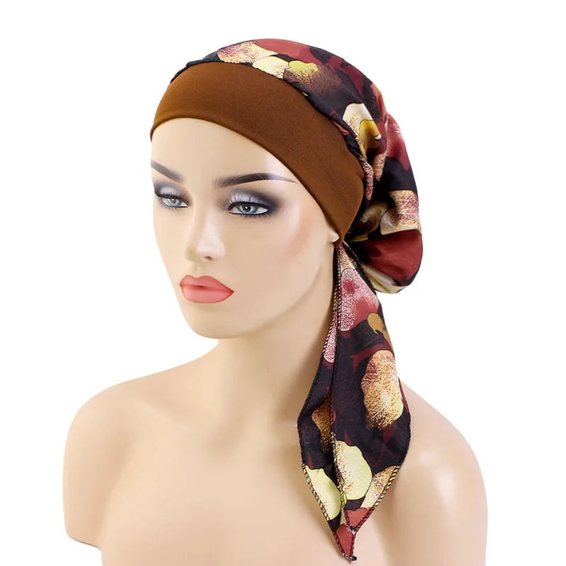 Women’s Pre-Tied Turban Cap – Muslim Hijab & Chemo Hair Loss Head Scarf with Flower Print Stretch Bandana