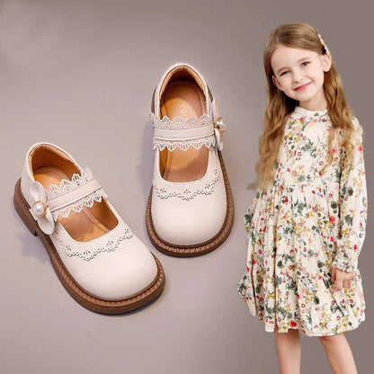 Girls Soft Leather Shoes - Beige Single Shoes with Flexible Bottom, Sizes 23-36