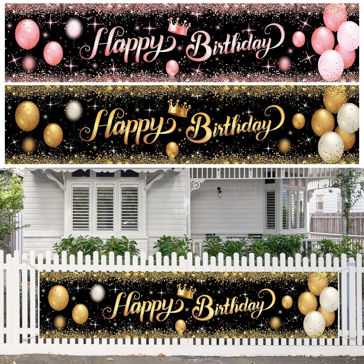 Gold Glitter Happy Birthday Party Backdrop - Black Adult Theme Photo Decoration, DIY Backdrops for Party Supplies