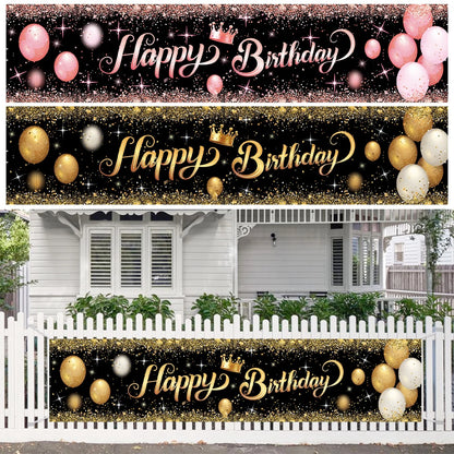 Gold Glitter Happy Birthday Party Backdrop - Black Adult Theme Photo Decoration, DIY Backdrops for Party Supplies