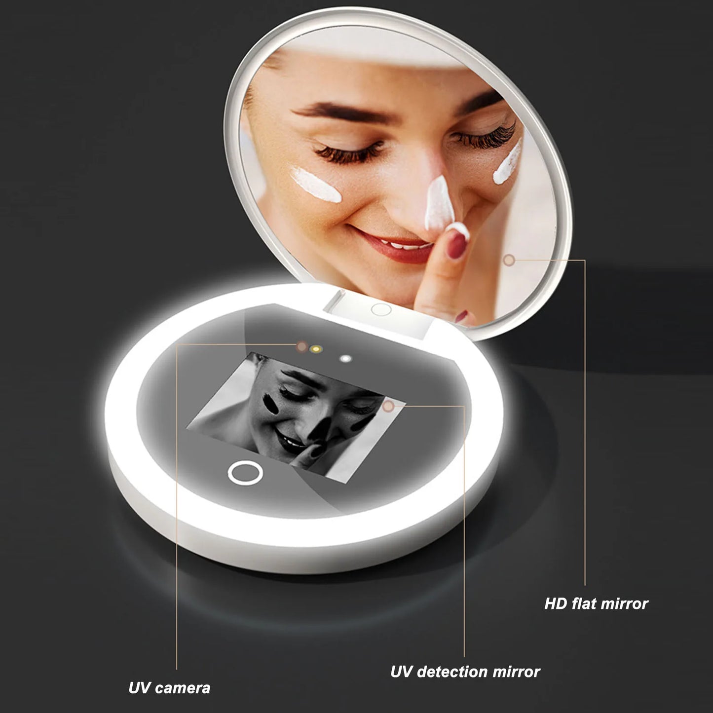 UV Mirror Sunscreen Testing Camera — 2X Magnification Travel Makeup Mirror, 3.5-inch Pocket Size