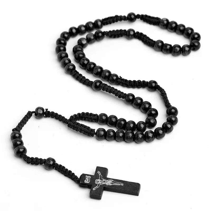 8mm Wooden Rosary Beads Necklace – Catholic Orthodox Cross Pendant, Woven Rope Prayer Chain for Men, Spiritual Gift (Black/Brown/Khaki)